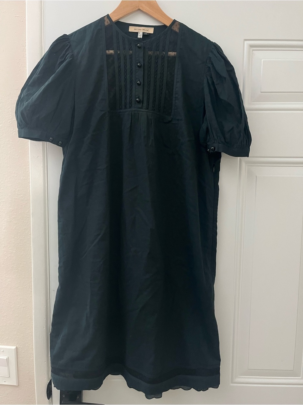 See By Chloe Black Puff-Sleeve Cotton and Lace Dress with Scalloped Hem